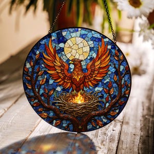 Phoenix rising with flames stained glass window hanging suncatcher rebirth gift for loved one