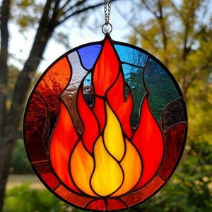 Stained Glass Fire Flame Suncatcher – Handmade Flame Window Hanging Symbolic Decor