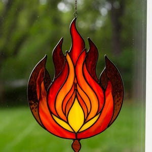 Stained Glass Fire Flame Suncatcher – Handmade Flame Window Hanging Symbolic Decor