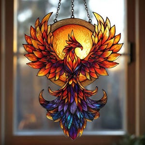 Phoenix Flame Faux Stained ACRYLIC  Suncatcher - Fiery Round Window Hanging - Rebirth Symbol Gift for Spiritual Souls, Gift For Dad