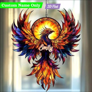 Phoenix Flame Faux  Stained Glass Acrylic  Suncatcher - Fiery Round Window Hanging - Rebirth Symbol Gift for Spiritual Souls
