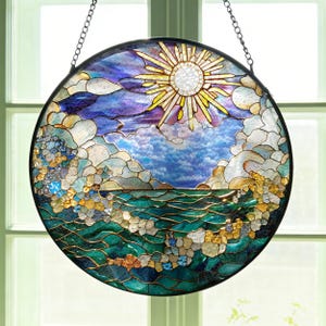 Ocean Wave Stained Glass Suncatcher, Coastal Sunrise Window Decor