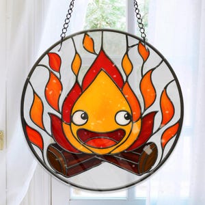 Calcifer Stained Glass Suncatcher, Fire Spirit Window Hanging, Smiling Flame Glass Decor, Fantasy Campfire Ornament Gift