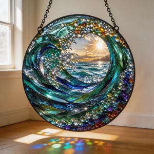 3D Ocean Wave Stained Glass Suncatcher, Coastal Window Hanging, Layered Glass Art, Beach House Decor, Handmade Sea Wave Sun Catcher