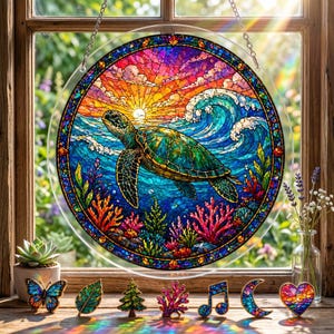 Sea Turtle Puzzle Suncatcher, Ocean Sunset Window Hanging, Coastal Marine Life Acrylic Sun Catcher, Coral Reef Decor Gift,Acrylic Suncatcher