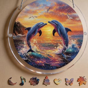 Dolphin Sunset Stained Glass Acrylic Suncatcher Puzzle | Artisan Coastal Window Decor, Dreamy Ocean Ornament, Beach-Inspired Gift