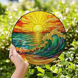 Ocean Sunset Suncatcher, Stained Glass Sea Wave Window Hanging Beach Sun Catcher Decor Gift