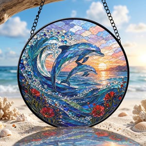 Stained Glass Dolphin Ocean Wave Suncatcher, Coastal Beach House Window Decor, Gift for Dolphin Lovers