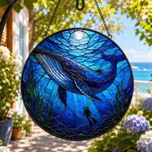 Whale Stained Glass Suncatcher, Ocean Window Hanging Decor, Blue Sea Whale Ornament, Beach House Decor, Summer Gift