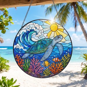 Sea Turtle Stained Glass Suncatcher, Ocean Wave Window Hanging Glass Decor, Coastal Beach Decor, Father Day Gift for Beach Lovers Sea Animal